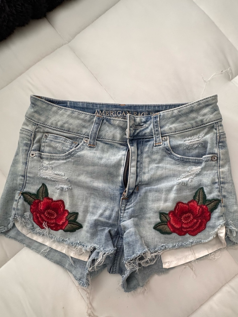 American Eagle Outfitters Light Blue Denim Shorts with Red Rose Embroidery